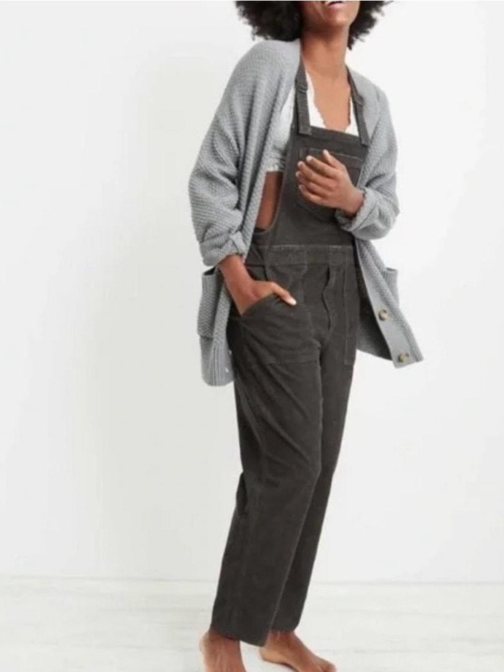 Aerie Charcoal Gray Corduroy Overalls Womens XL Relaxed Straight Leg Jumpsuit